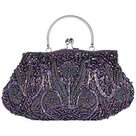Handbags - 𝅺BEADED Sequin Flower Clutch Bag Purple